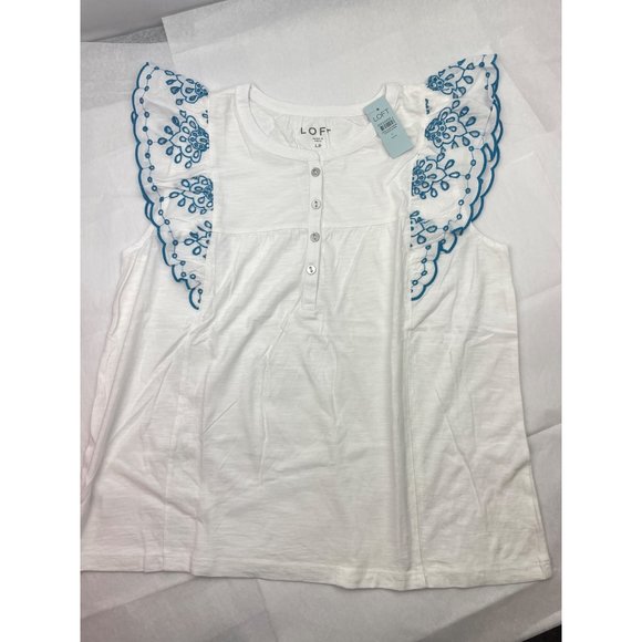 LOFT Women Petite Eyelet Flutter Henley Mixed Media Top L - Picture 11 of 14